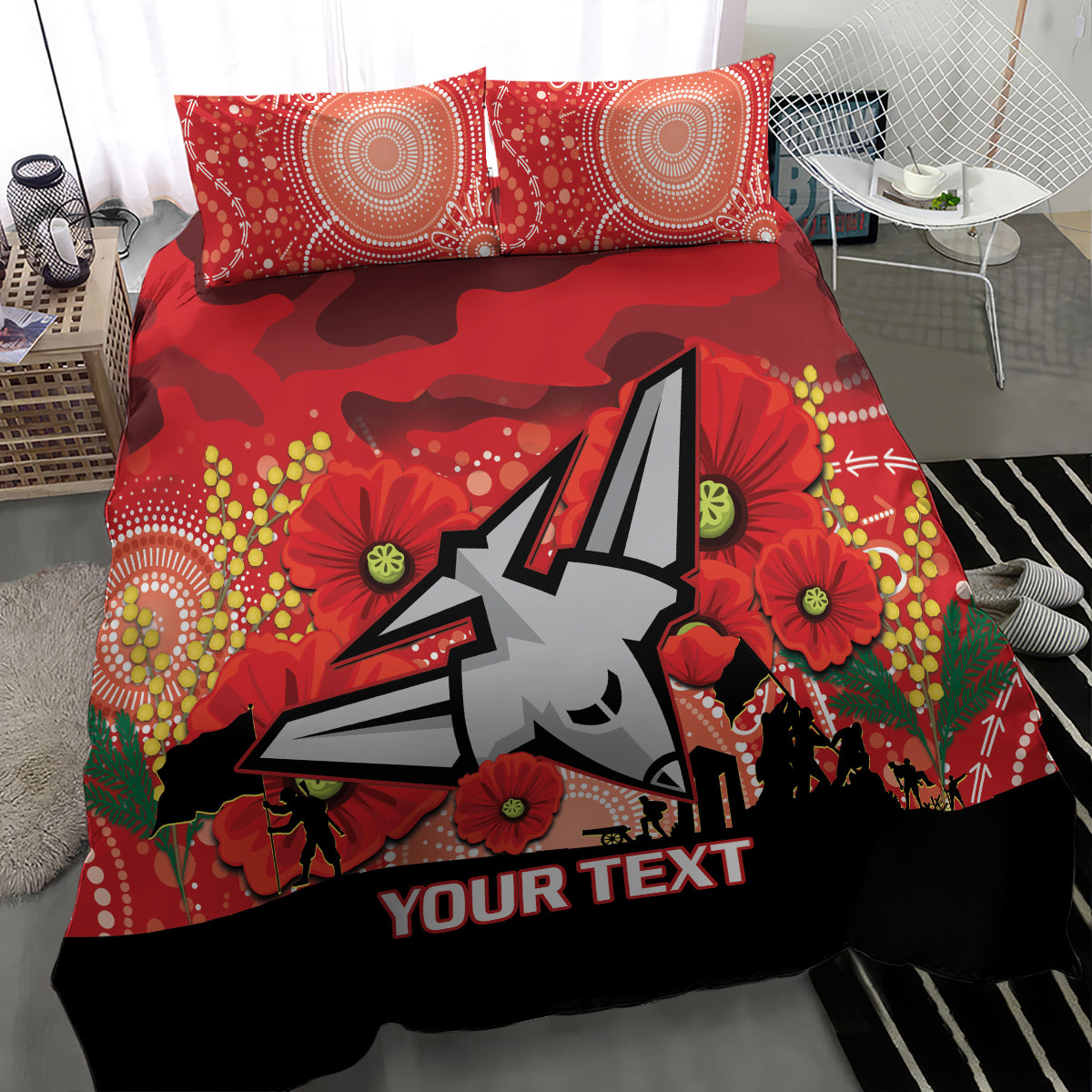 Custom Essendon Football ANZAC Bedding Set Gallipoli Camouflage With Poppies