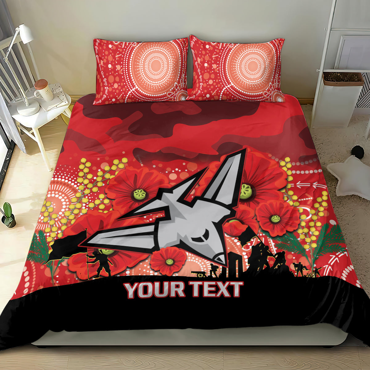 Custom Essendon Football ANZAC Bedding Set Gallipoli Camouflage With Poppies