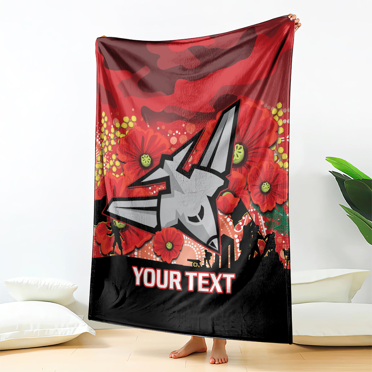 Custom Essendon Football ANZAC Blanket Gallipoli Camouflage With Poppies
