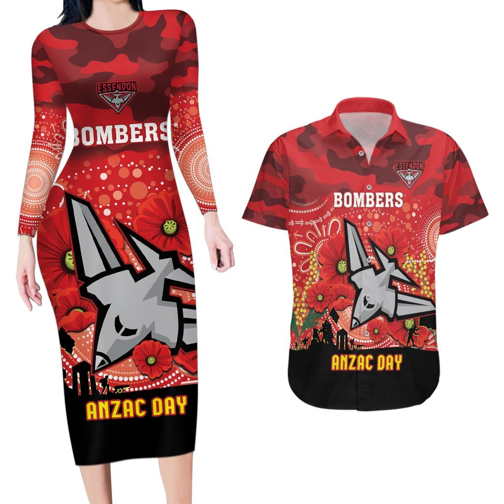 Custom Essendon Football ANZAC Couples Matching Long Sleeve Bodycon Dress and Hawaiian Shirt Gallipoli Camouflage With Poppies