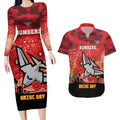 Custom Essendon Football ANZAC Couples Matching Long Sleeve Bodycon Dress and Hawaiian Shirt Gallipoli Camouflage With Poppies