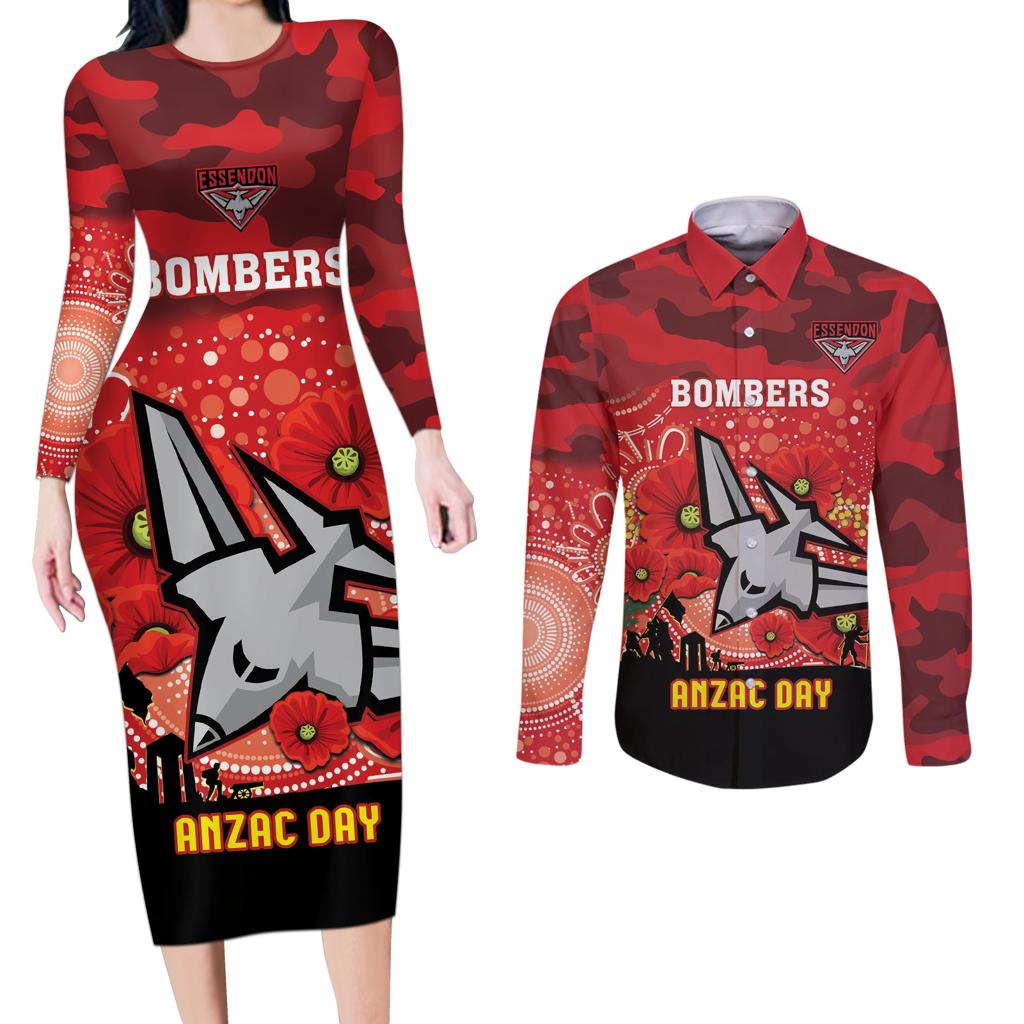 Custom Essendon Football ANZAC Couples Matching Long Sleeve Bodycon Dress and Long Sleeve Button Shirt Gallipoli Camouflage With Poppies