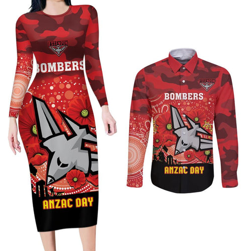 Custom Essendon Football ANZAC Couples Matching Long Sleeve Bodycon Dress and Long Sleeve Button Shirt Gallipoli Camouflage With Poppies