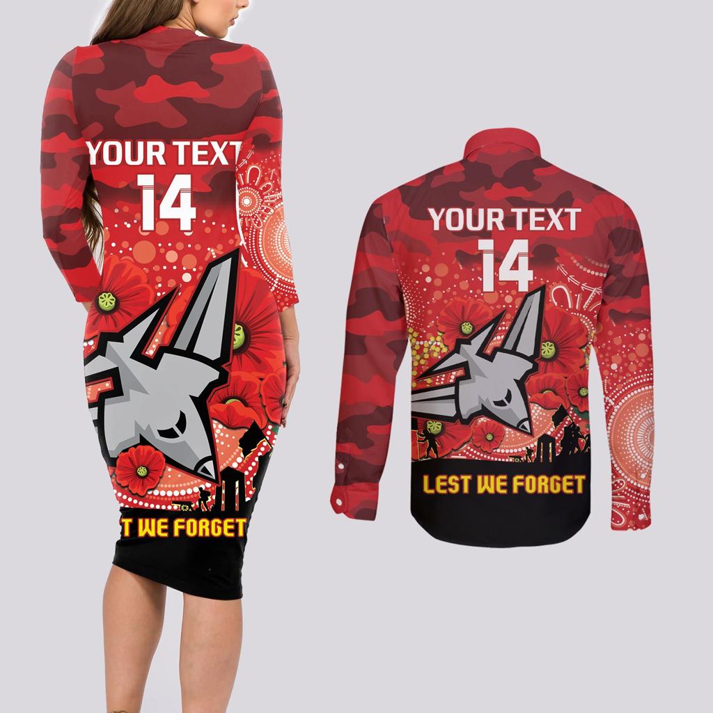 Custom Essendon Football ANZAC Couples Matching Long Sleeve Bodycon Dress and Long Sleeve Button Shirt Gallipoli Camouflage With Poppies