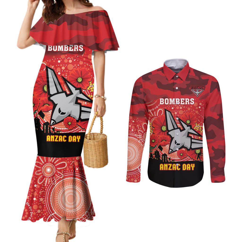 Custom Essendon Football ANZAC Couples Matching Mermaid Dress and Long Sleeve Button Shirt Gallipoli Camouflage With Poppies