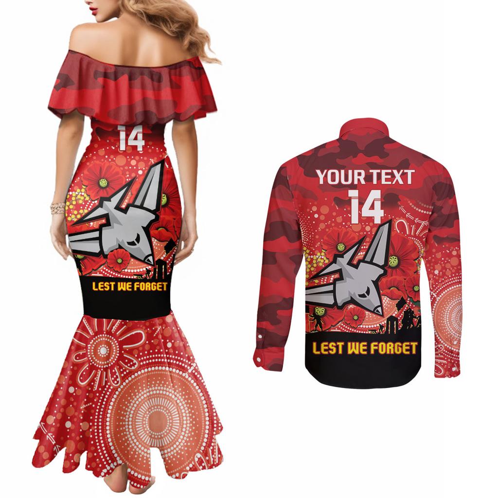 Custom Essendon Football ANZAC Couples Matching Mermaid Dress and Long Sleeve Button Shirt Gallipoli Camouflage With Poppies