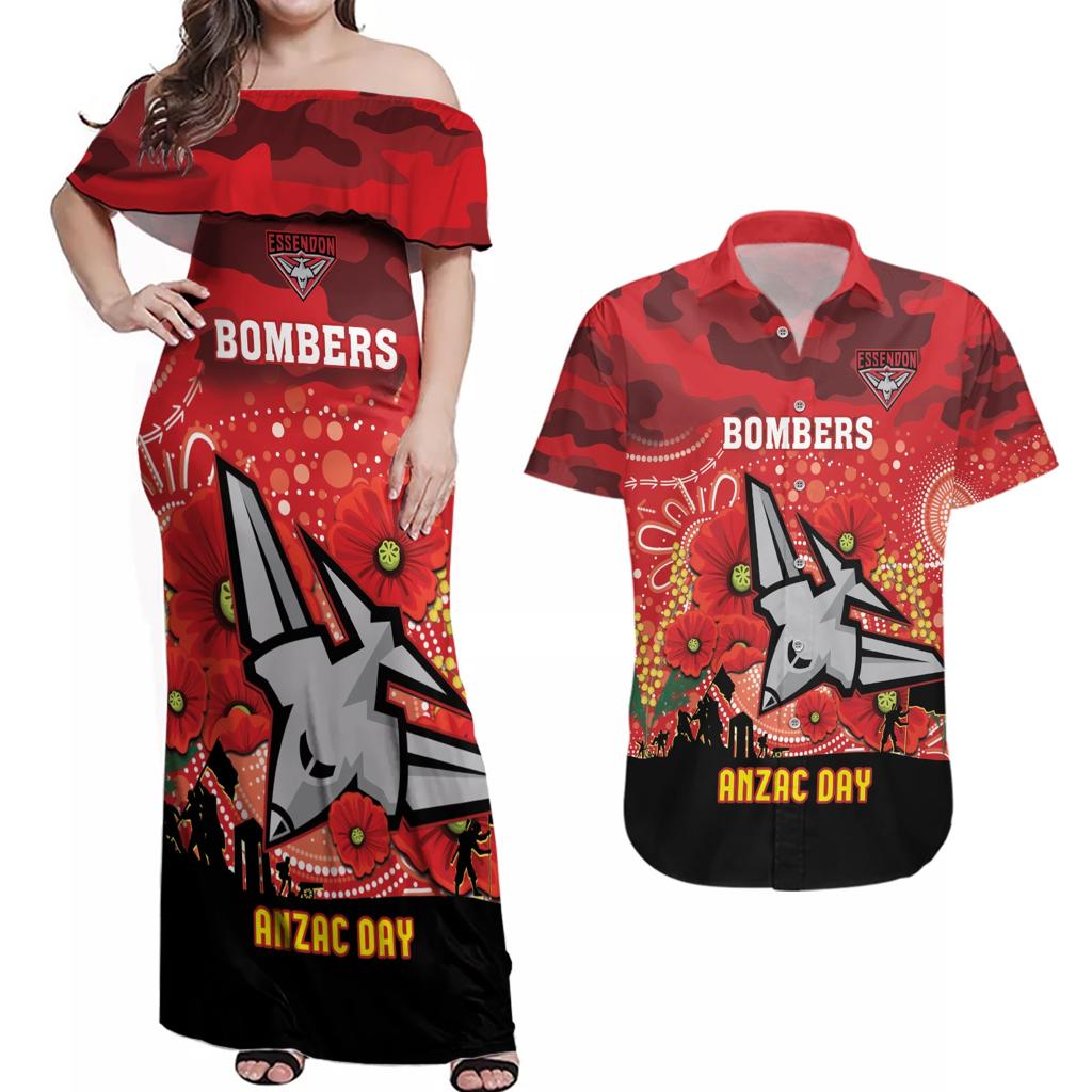 Custom Essendon Football ANZAC Couples Matching Off Shoulder Maxi Dress and Hawaiian Shirt Gallipoli Camouflage With Poppies