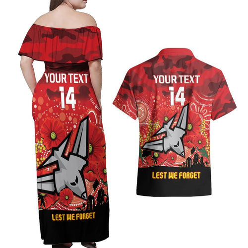 Custom Essendon Football ANZAC Couples Matching Off Shoulder Maxi Dress and Hawaiian Shirt Gallipoli Camouflage With Poppies