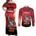 Custom Essendon Football ANZAC Couples Matching Off Shoulder Maxi Dress and Long Sleeve Button Shirt Gallipoli Camouflage With Poppies