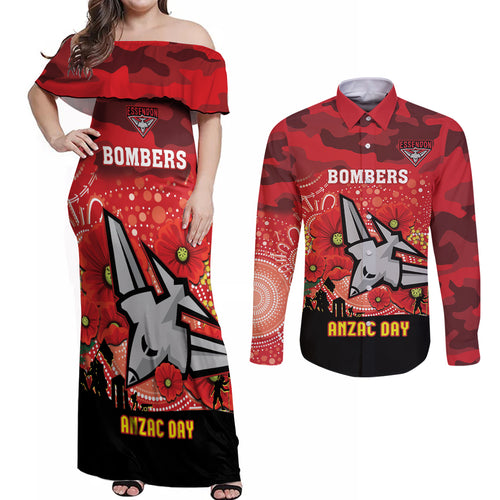 Custom Essendon Football ANZAC Couples Matching Off Shoulder Maxi Dress and Long Sleeve Button Shirt Gallipoli Camouflage With Poppies