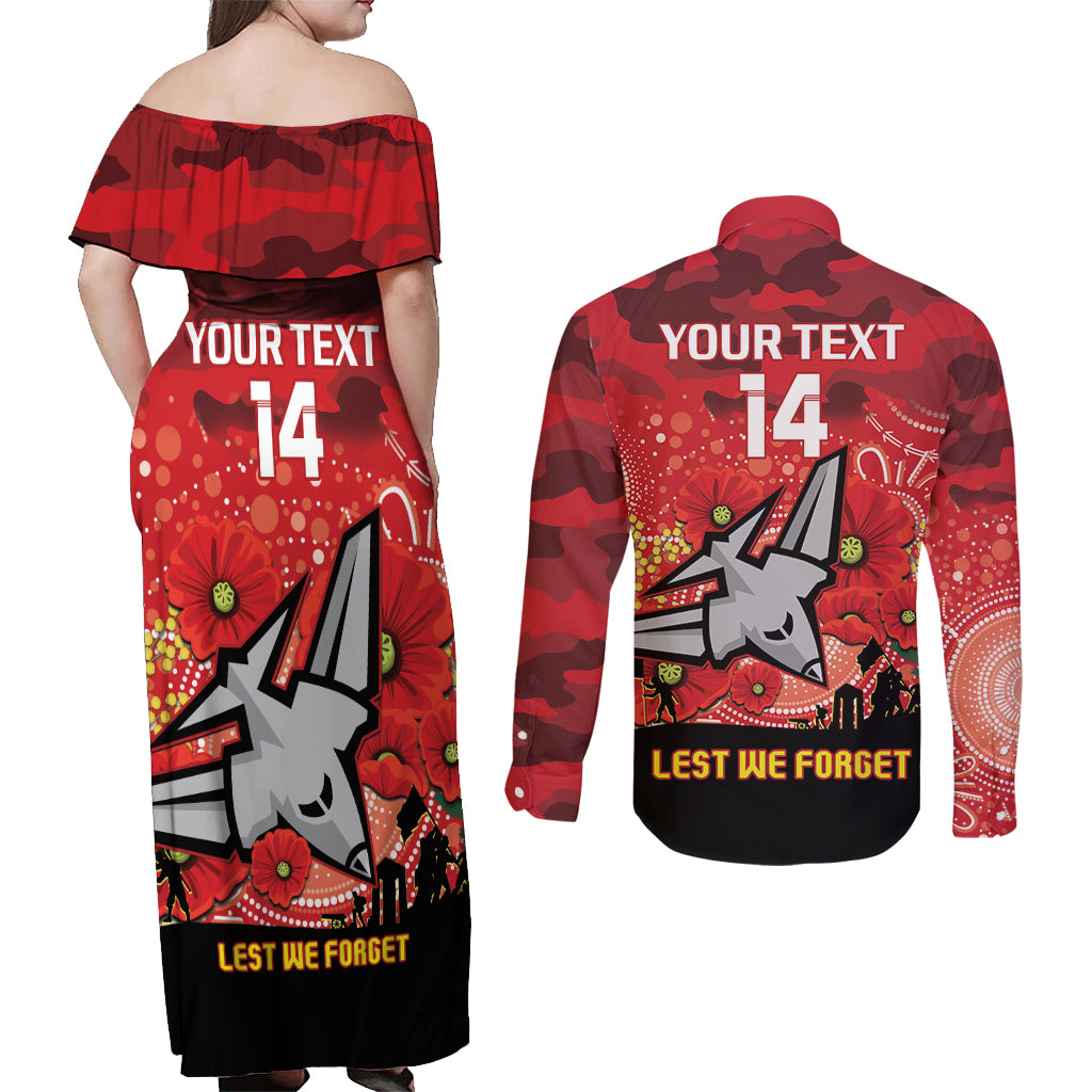 Custom Essendon Football ANZAC Couples Matching Off Shoulder Maxi Dress and Long Sleeve Button Shirt Gallipoli Camouflage With Poppies