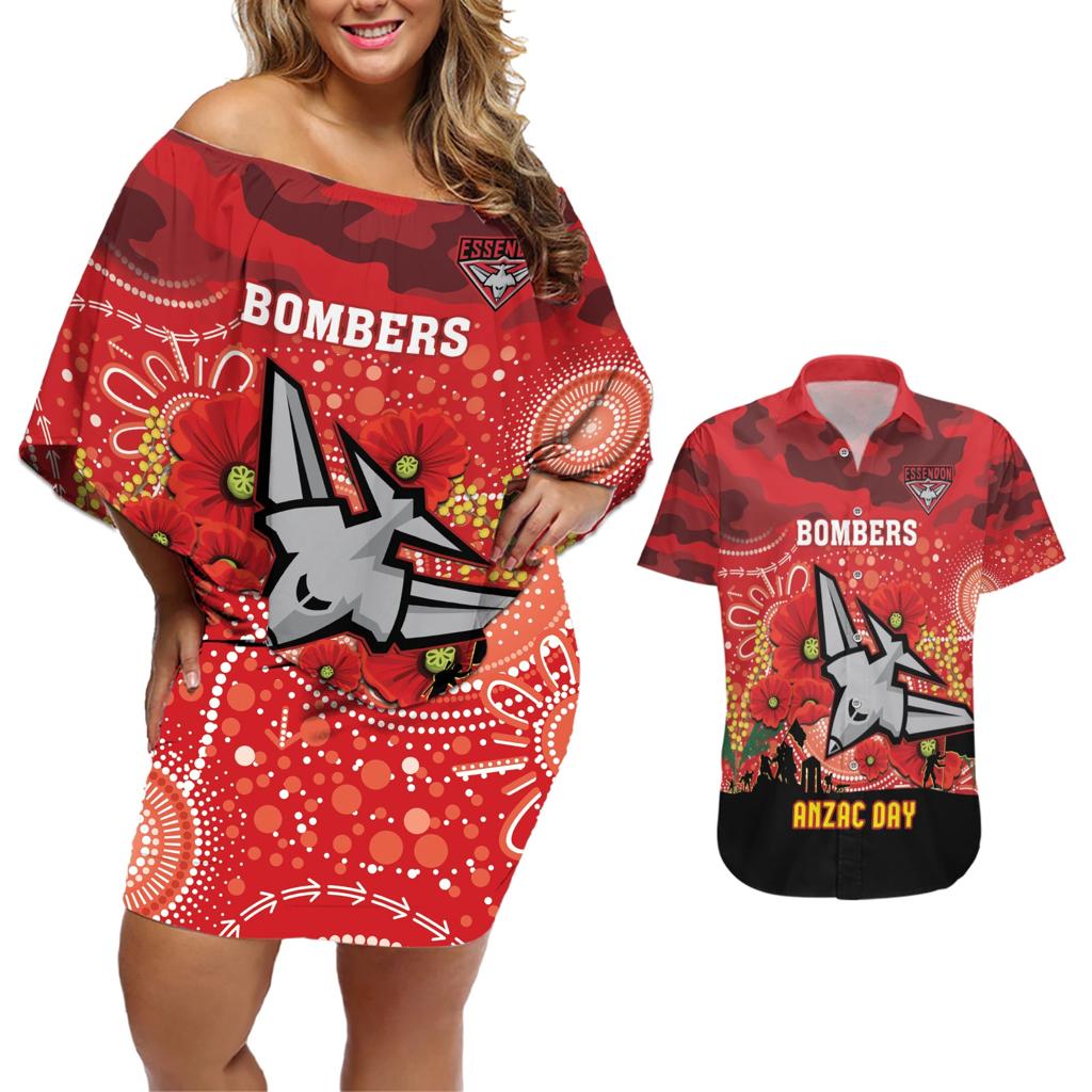 Custom Essendon Football ANZAC Couples Matching Off Shoulder Short Dress and Hawaiian Shirt Gallipoli Camouflage With Poppies