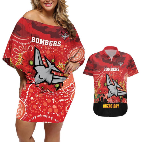 Custom Essendon Football ANZAC Couples Matching Off Shoulder Short Dress and Hawaiian Shirt Gallipoli Camouflage With Poppies
