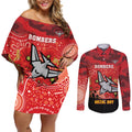 Custom Essendon Football ANZAC Couples Matching Off Shoulder Short Dress and Long Sleeve Button Shirt Gallipoli Camouflage With Poppies