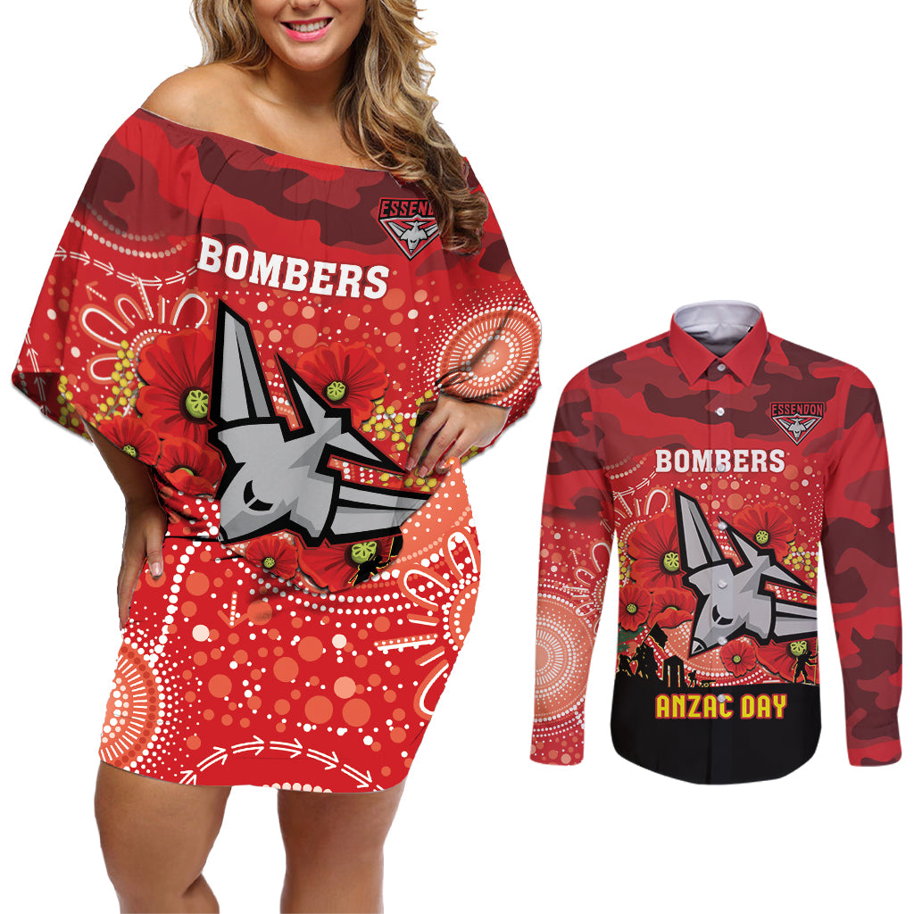 Custom Essendon Football ANZAC Couples Matching Off Shoulder Short Dress and Long Sleeve Button Shirt Gallipoli Camouflage With Poppies