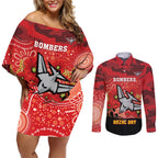 Custom Essendon Football ANZAC Couples Matching Off Shoulder Short Dress and Long Sleeve Button Shirt Gallipoli Camouflage With Poppies