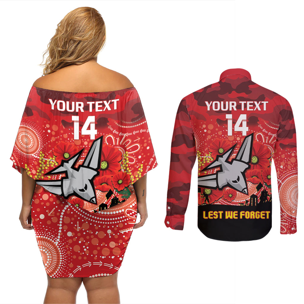 Custom Essendon Football ANZAC Couples Matching Off Shoulder Short Dress and Long Sleeve Button Shirt Gallipoli Camouflage With Poppies