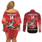 Custom Essendon Football ANZAC Couples Matching Off Shoulder Short Dress and Long Sleeve Button Shirt Gallipoli Camouflage With Poppies