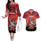 Custom Essendon Football ANZAC Couples Matching Off The Shoulder Long Sleeve Dress and Hawaiian Shirt Gallipoli Camouflage With Poppies