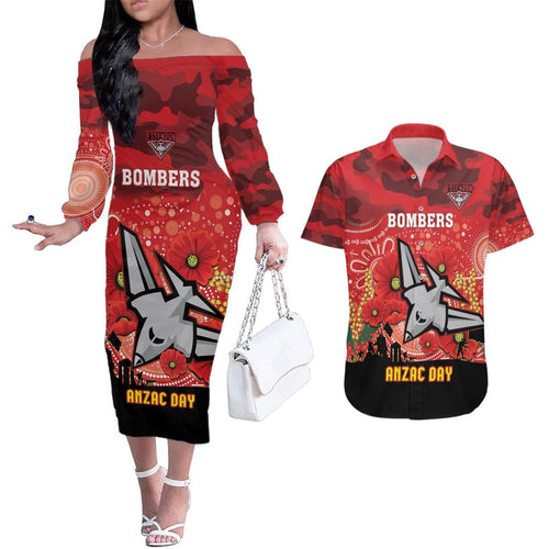 Custom Essendon Football ANZAC Couples Matching Off The Shoulder Long Sleeve Dress and Hawaiian Shirt Gallipoli Camouflage With Poppies