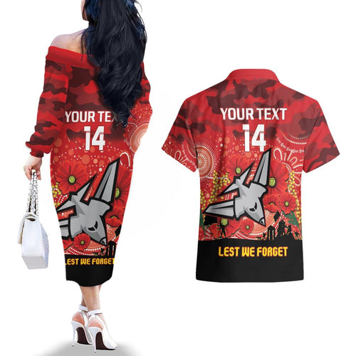 Custom Essendon Football ANZAC Couples Matching Off The Shoulder Long Sleeve Dress and Hawaiian Shirt Gallipoli Camouflage With Poppies