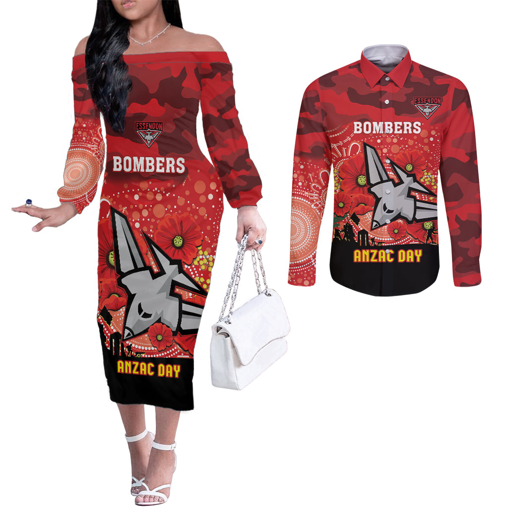 Custom Essendon Football ANZAC Couples Matching Off The Shoulder Long Sleeve Dress and Long Sleeve Button Shirt Gallipoli Camouflage With Poppies