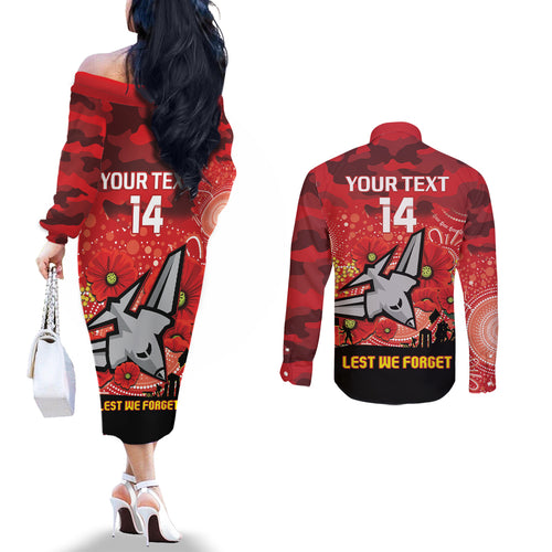 Custom Essendon Football ANZAC Couples Matching Off The Shoulder Long Sleeve Dress and Long Sleeve Button Shirt Gallipoli Camouflage With Poppies