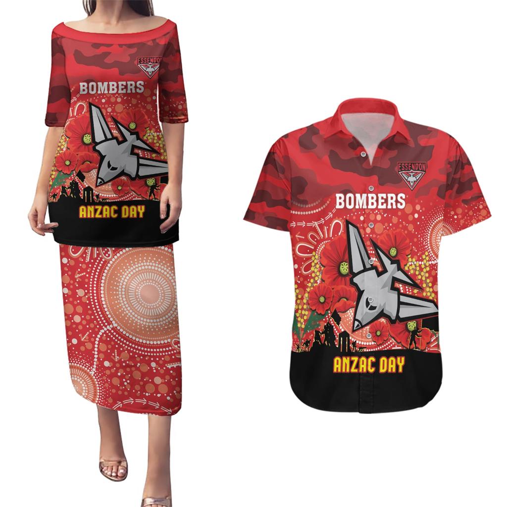 Custom Essendon Football ANZAC Couples Matching Puletasi and Hawaiian Shirt Gallipoli Camouflage With Poppies