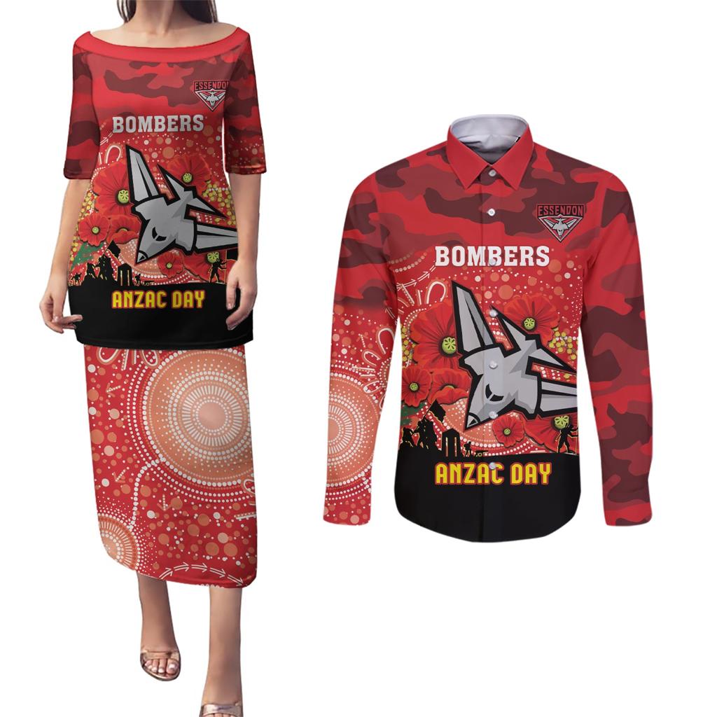 Custom Essendon Football ANZAC Couples Matching Puletasi and Long Sleeve Button Shirt Gallipoli Camouflage With Poppies