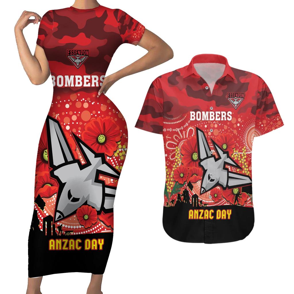 Custom Essendon Football ANZAC Couples Matching Short Sleeve Bodycon Dress and Hawaiian Shirt Gallipoli Camouflage With Poppies