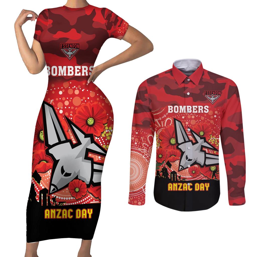 Custom Essendon Football ANZAC Couples Matching Short Sleeve Bodycon Dress and Long Sleeve Button Shirt Gallipoli Camouflage With Poppies