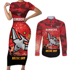Custom Essendon Football ANZAC Couples Matching Short Sleeve Bodycon Dress and Long Sleeve Button Shirt Gallipoli Camouflage With Poppies