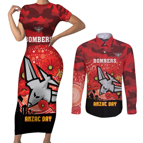 Custom Essendon Football ANZAC Couples Matching Short Sleeve Bodycon Dress and Long Sleeve Button Shirt Gallipoli Camouflage With Poppies