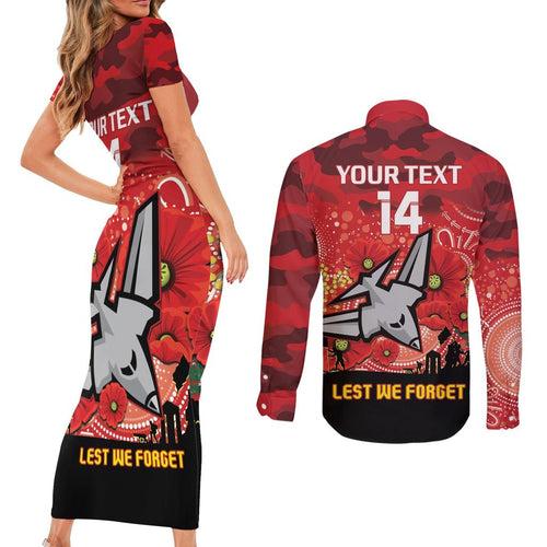 Custom Essendon Football ANZAC Couples Matching Short Sleeve Bodycon Dress and Long Sleeve Button Shirt Gallipoli Camouflage With Poppies