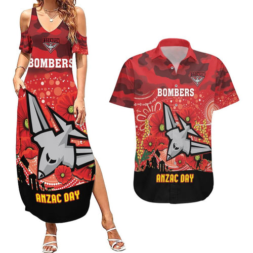 Custom Essendon Football ANZAC Couples Matching Summer Maxi Dress and Hawaiian Shirt Gallipoli Camouflage With Poppies