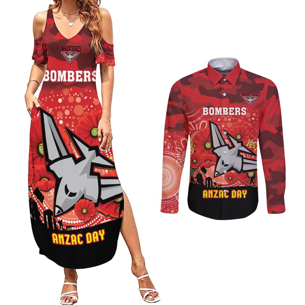 Custom Essendon Football ANZAC Couples Matching Summer Maxi Dress and Long Sleeve Button Shirt Gallipoli Camouflage With Poppies