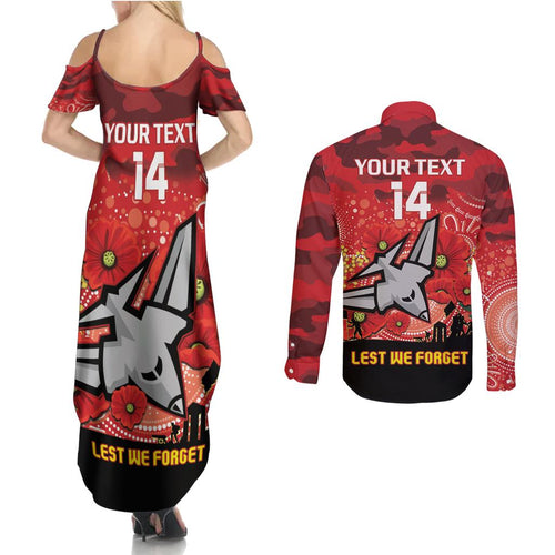 Custom Essendon Football ANZAC Couples Matching Summer Maxi Dress and Long Sleeve Button Shirt Gallipoli Camouflage With Poppies