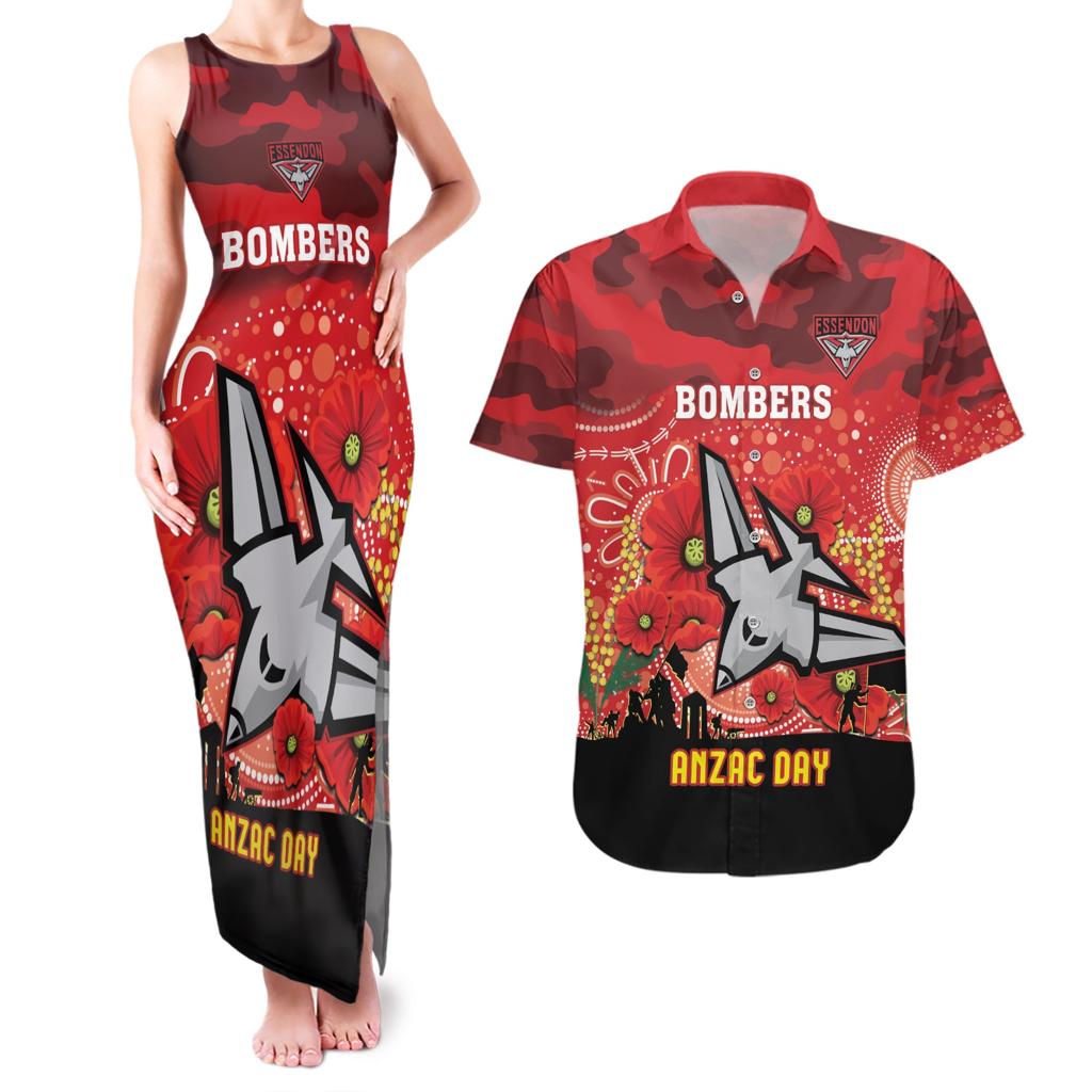 Custom Essendon Football ANZAC Couples Matching Tank Maxi Dress and Hawaiian Shirt Gallipoli Camouflage With Poppies