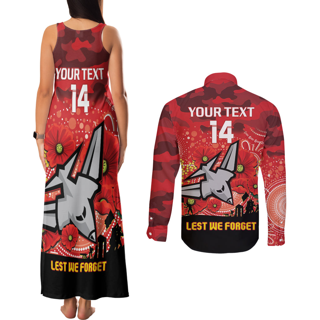 Custom Essendon Football ANZAC Couples Matching Tank Maxi Dress and Long Sleeve Button Shirt Gallipoli Camouflage With Poppies
