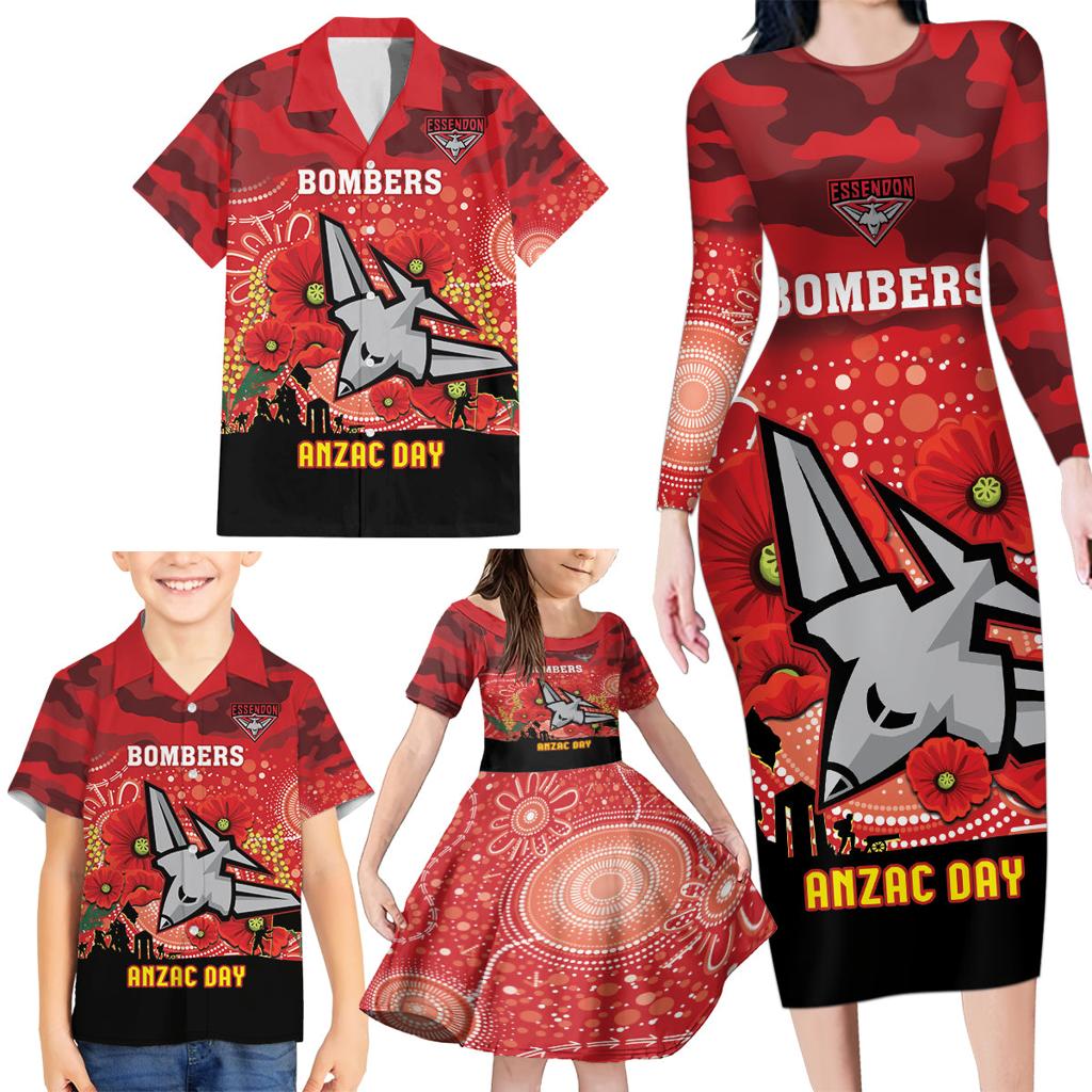 Custom Essendon Football ANZAC Family Matching Long Sleeve Bodycon Dress and Hawaiian Shirt Gallipoli Camouflage With Poppies