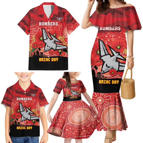 Custom Essendon Football ANZAC Family Matching Mermaid Dress and Hawaiian Shirt Gallipoli Camouflage With Poppies