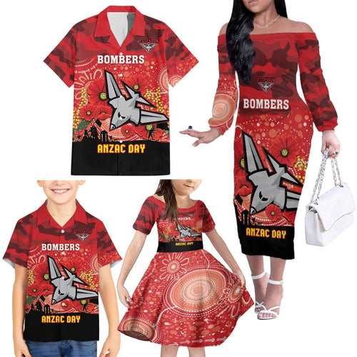 Custom Essendon Football ANZAC Family Matching Off Shoulder Long Sleeve Dress and Hawaiian Shirt Gallipoli Camouflage With Poppies