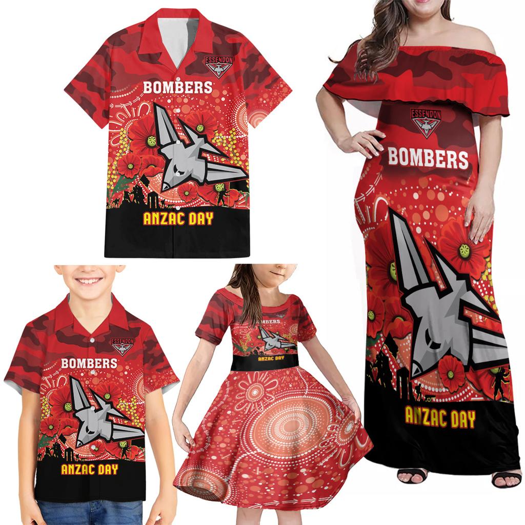 Custom Essendon Football ANZAC Family Matching Off Shoulder Maxi Dress and Hawaiian Shirt Gallipoli Camouflage With Poppies