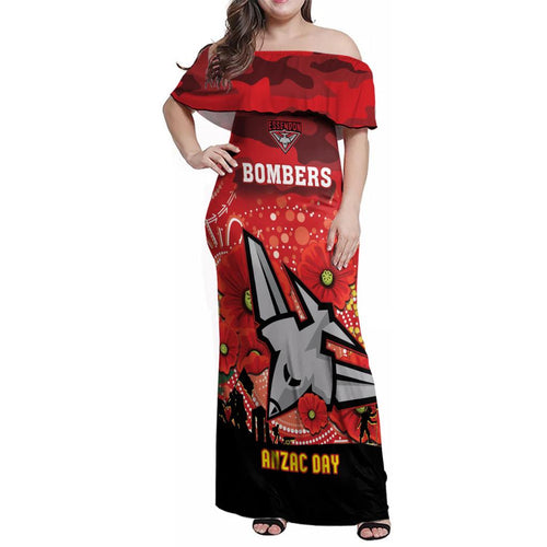 Custom Essendon Football ANZAC Family Matching Off Shoulder Maxi Dress and Hawaiian Shirt Gallipoli Camouflage With Poppies