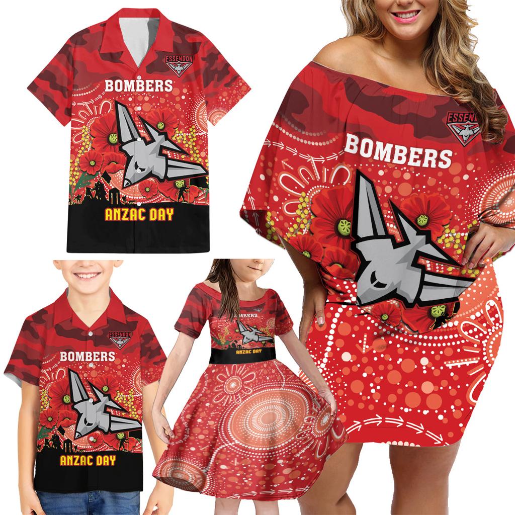 Custom Essendon Football ANZAC Family Matching Off Shoulder Short Dress and Hawaiian Shirt Gallipoli Camouflage With Poppies