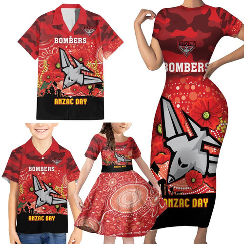 Custom Essendon Football ANZAC Family Matching Short Sleeve Bodycon Dress and Hawaiian Shirt Gallipoli Camouflage With Poppies