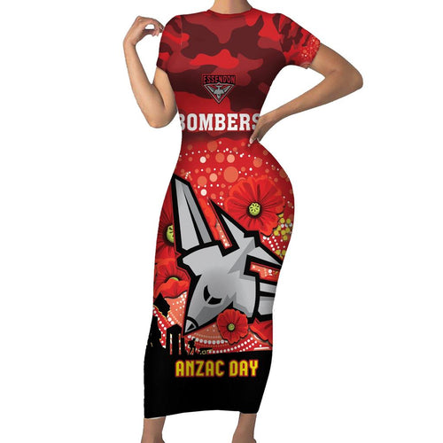 Custom Essendon Football ANZAC Family Matching Short Sleeve Bodycon Dress and Hawaiian Shirt Gallipoli Camouflage With Poppies