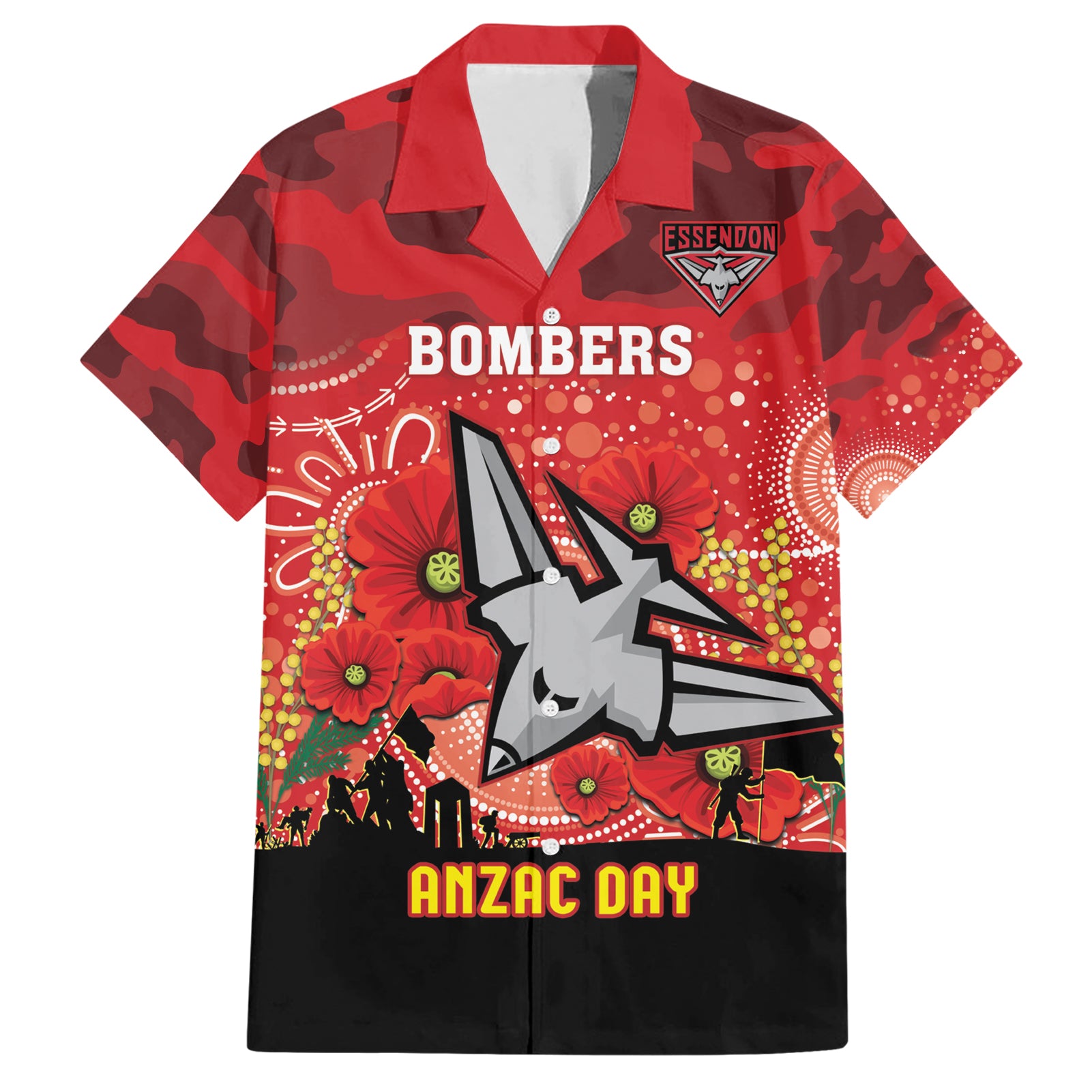 Custom Essendon Football ANZAC Hawaiian Shirt Gallipoli Camouflage With Poppies
