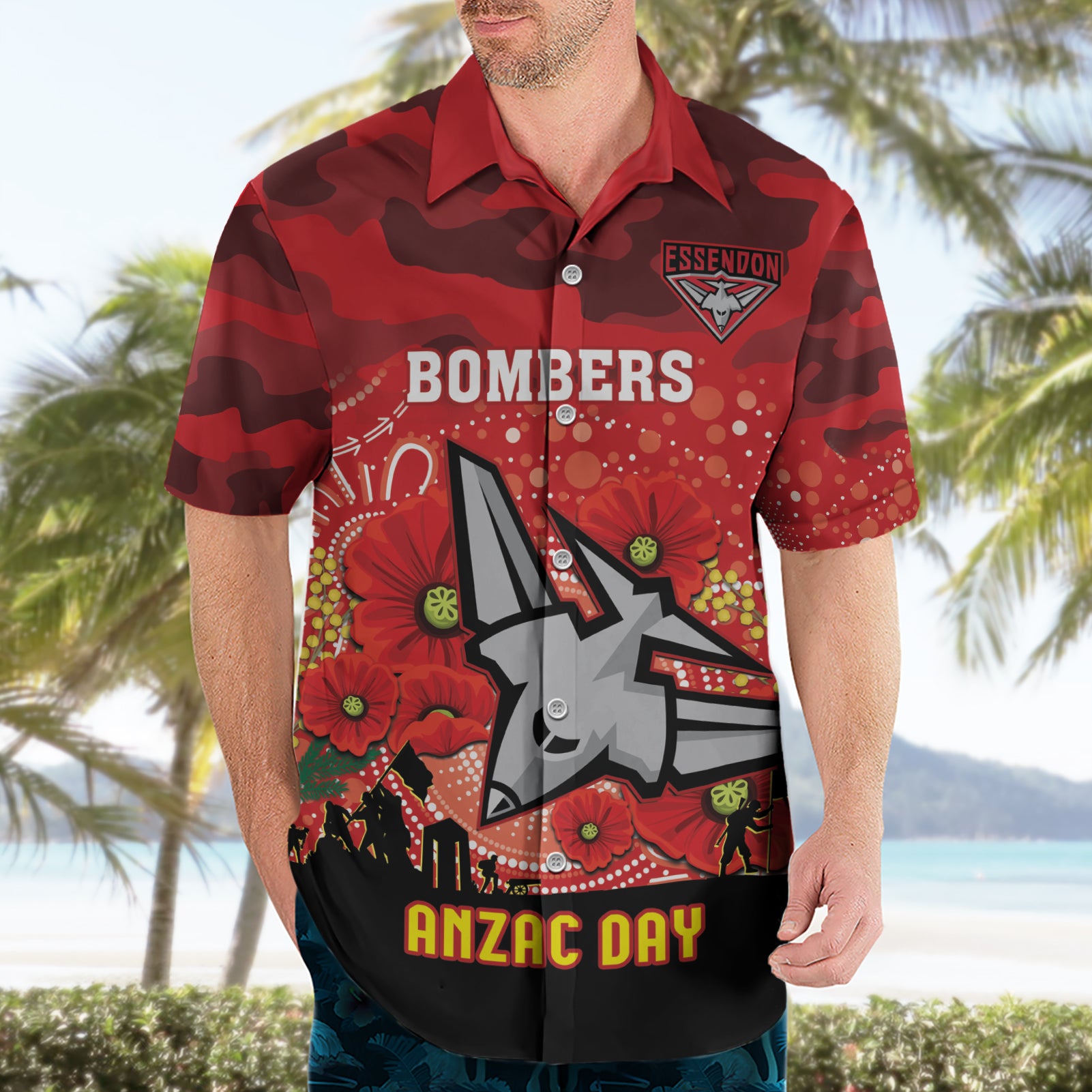 Custom Essendon Football ANZAC Hawaiian Shirt Gallipoli Camouflage With Poppies
