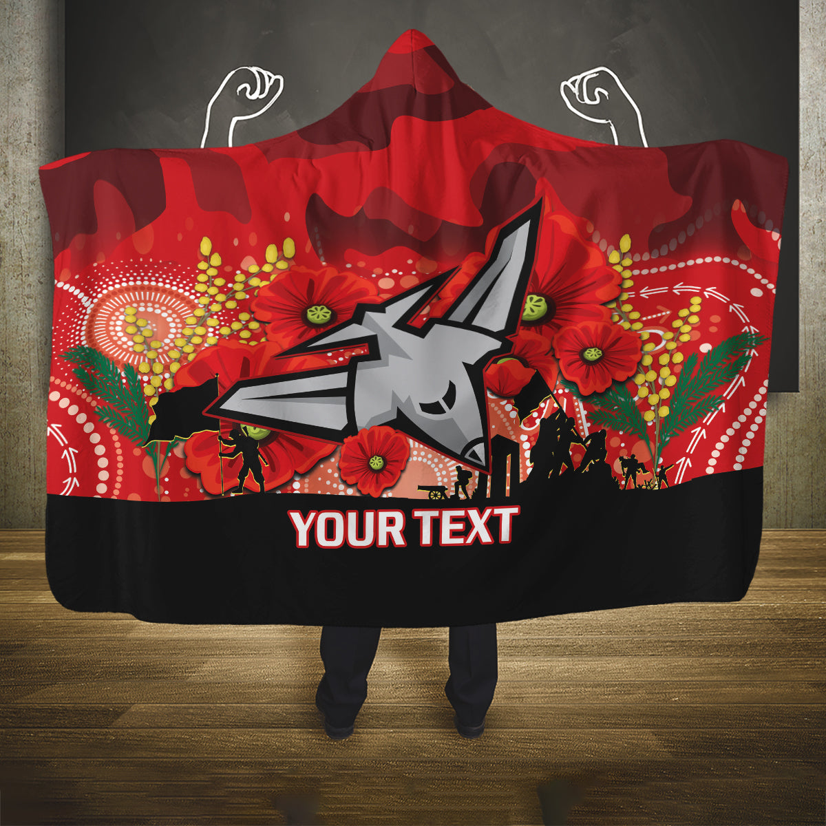 Custom Essendon Football ANZAC Hooded Blanket Gallipoli Camouflage With Poppies